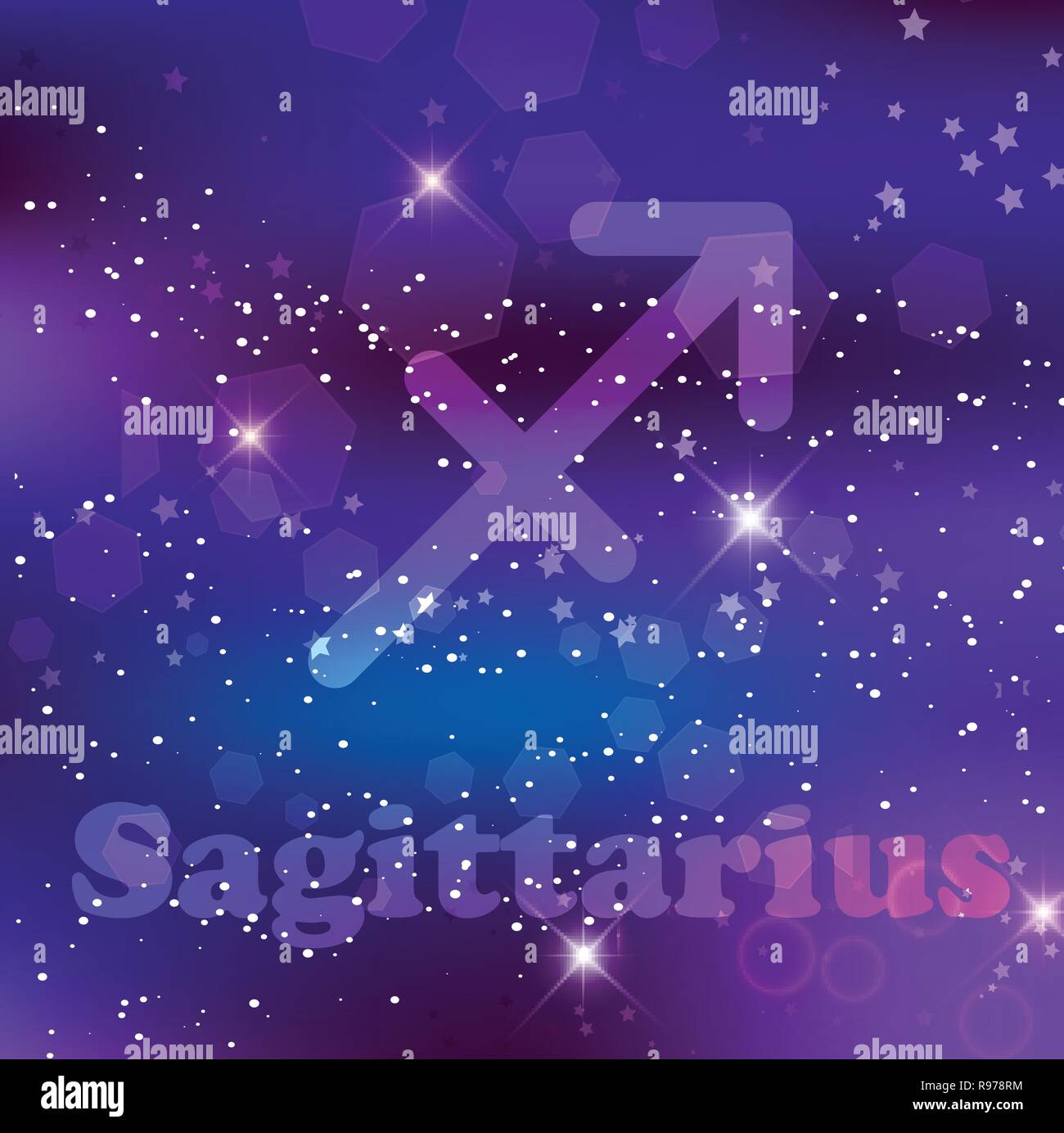 Sagittario segno zodiacale e costellazione sul fondo cosmico con stelle luccicanti e nebulosa. Illustrazione Vettoriale, banner, poster, Archer card. Spazio, Illustrazione Vettoriale