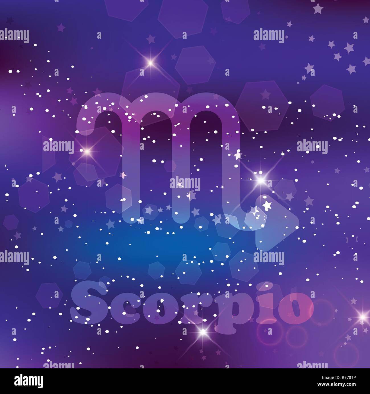 Scorpione segno zodiacale e costellazione sul cosmica sfondo viola con stelle luccicanti e nebulosa. Illustrazione Vettoriale, banner, poster, card. Spazio, un Illustrazione Vettoriale