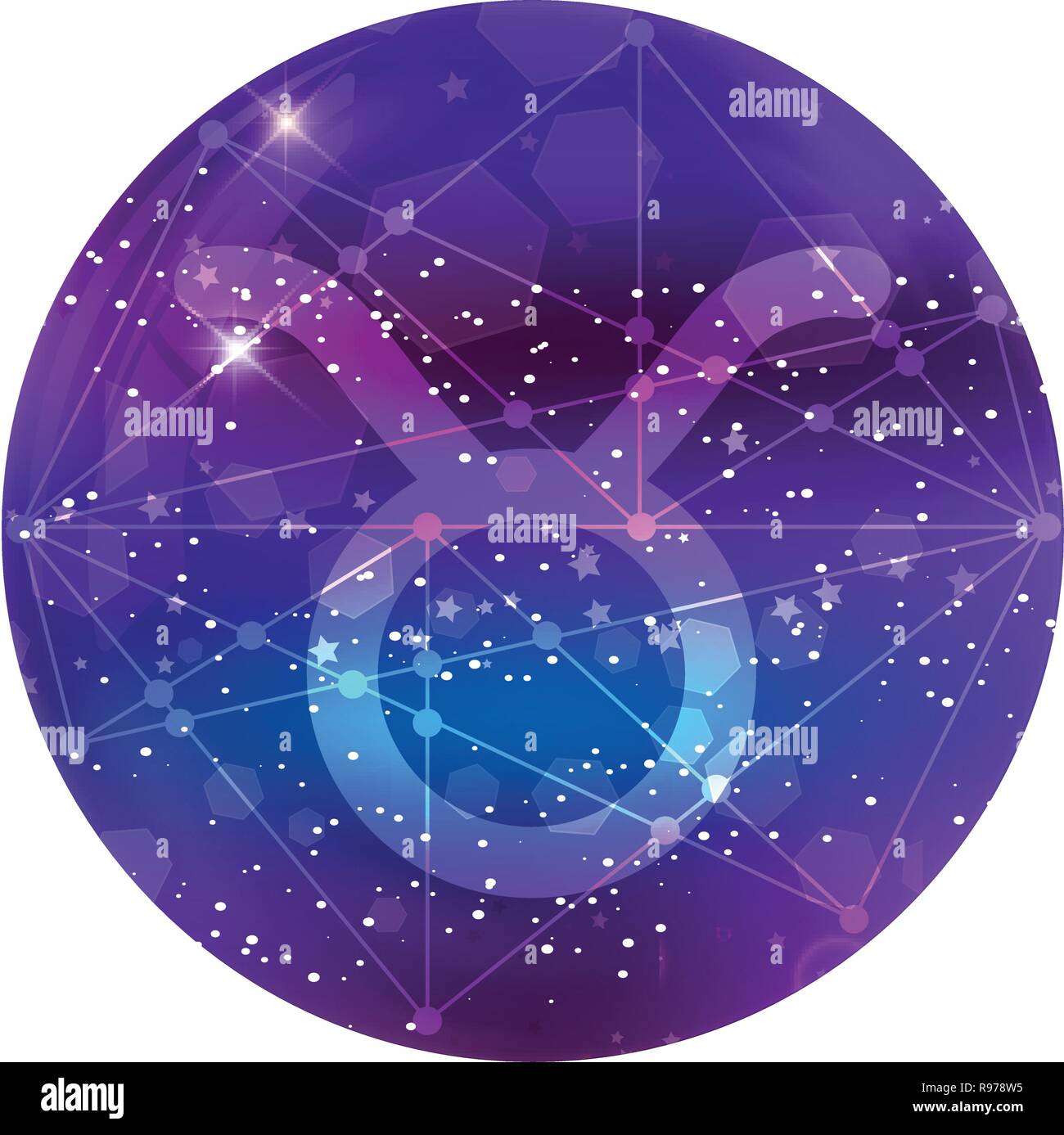 Toro segno zodiacale e costellazione sul cosmica cielo viola con stelle luccicanti e nebula isolati su sfondo bianco. Vettore icona al neon, pulsante WEB, Illustrazione Vettoriale