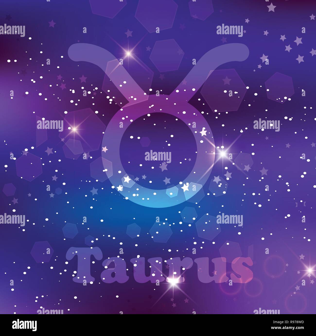 Toro segno zodiacale e costellazione sul cosmica sfondo viola con stelle luccicanti e nebulosa. Illustrazione Vettoriale, banner, poster, bull card. Spac Illustrazione Vettoriale