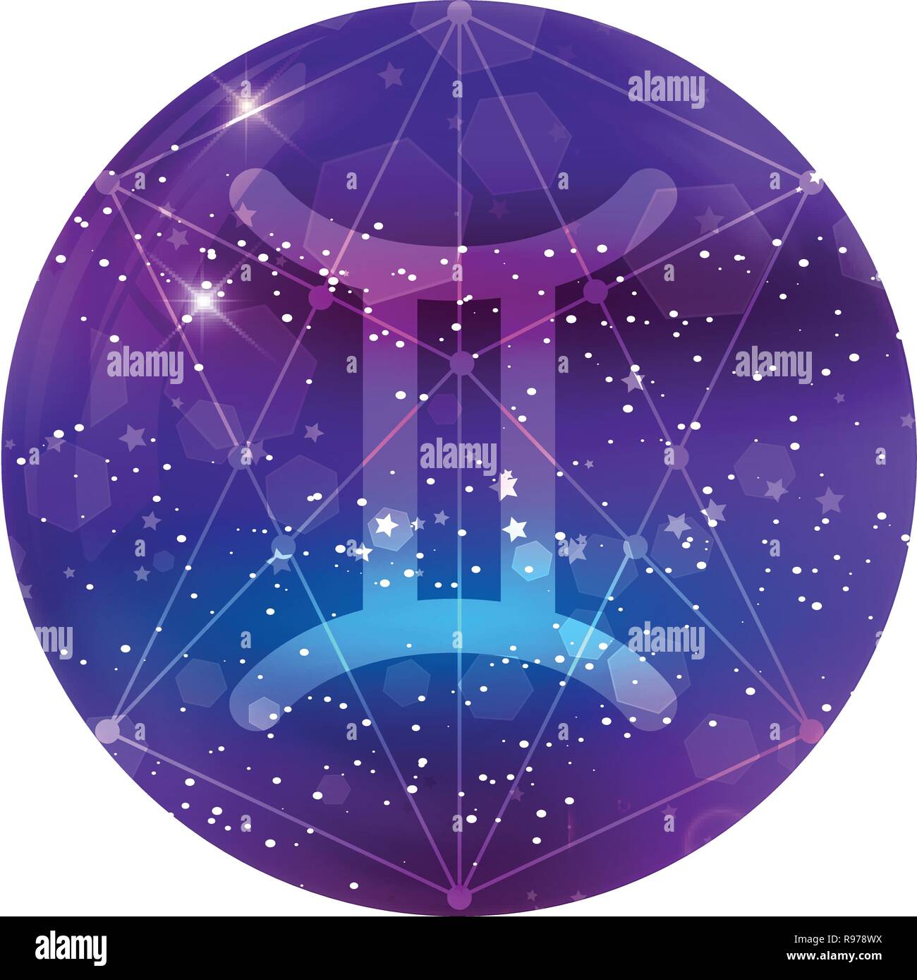 Gemini segno zodiacale e costellazione sul cosmica cielo viola con stelle luccicanti e nebula isolato su sfondo trasparente. Vettore icona al neon, web bu Illustrazione Vettoriale