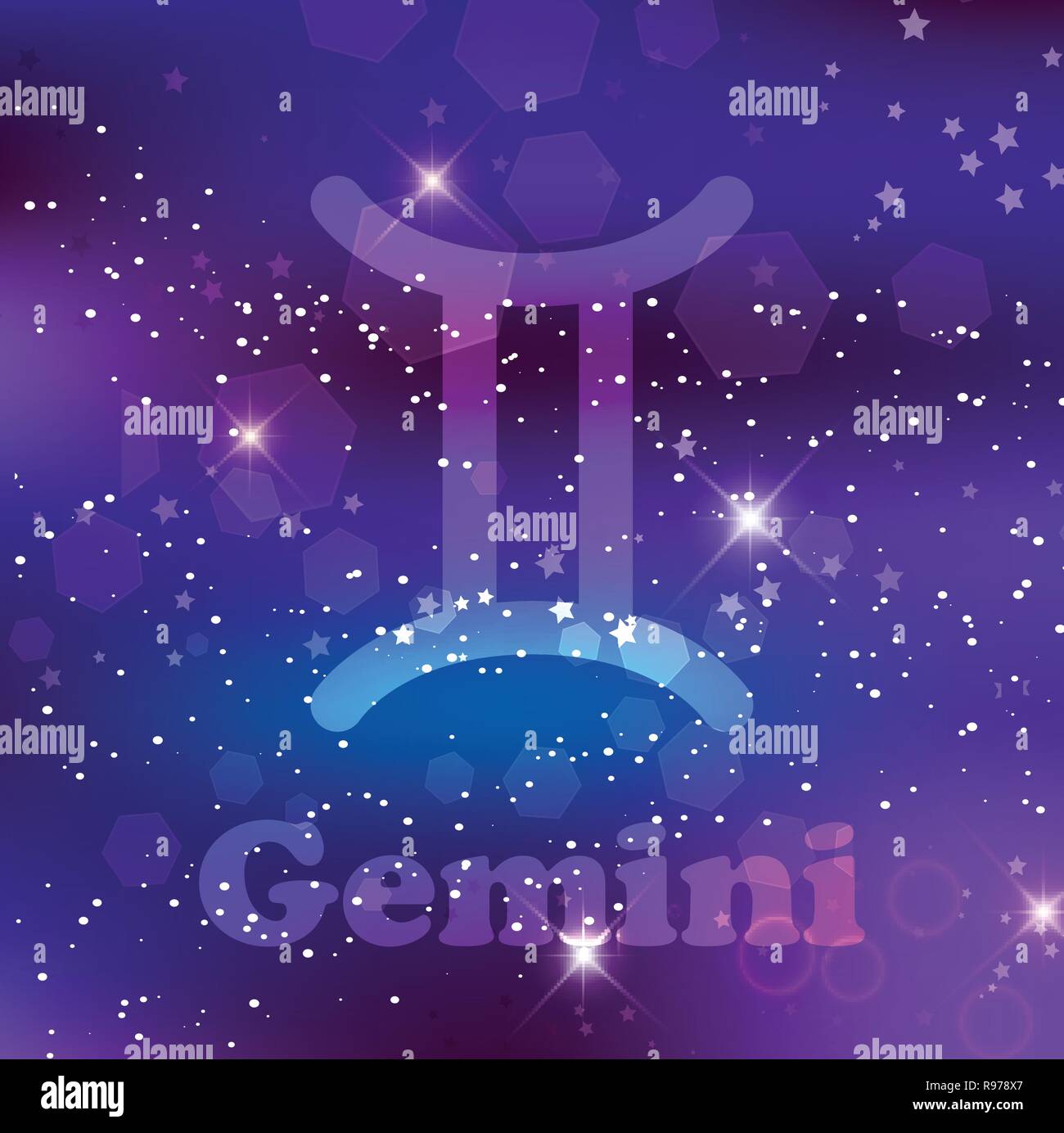 Gemini segno zodiacale e costellazione sul cosmica sfondo viola con stelle luccicanti e nebulosa. Illustrazione Vettoriale, banner, poster, gemelli card. Spazio Illustrazione Vettoriale