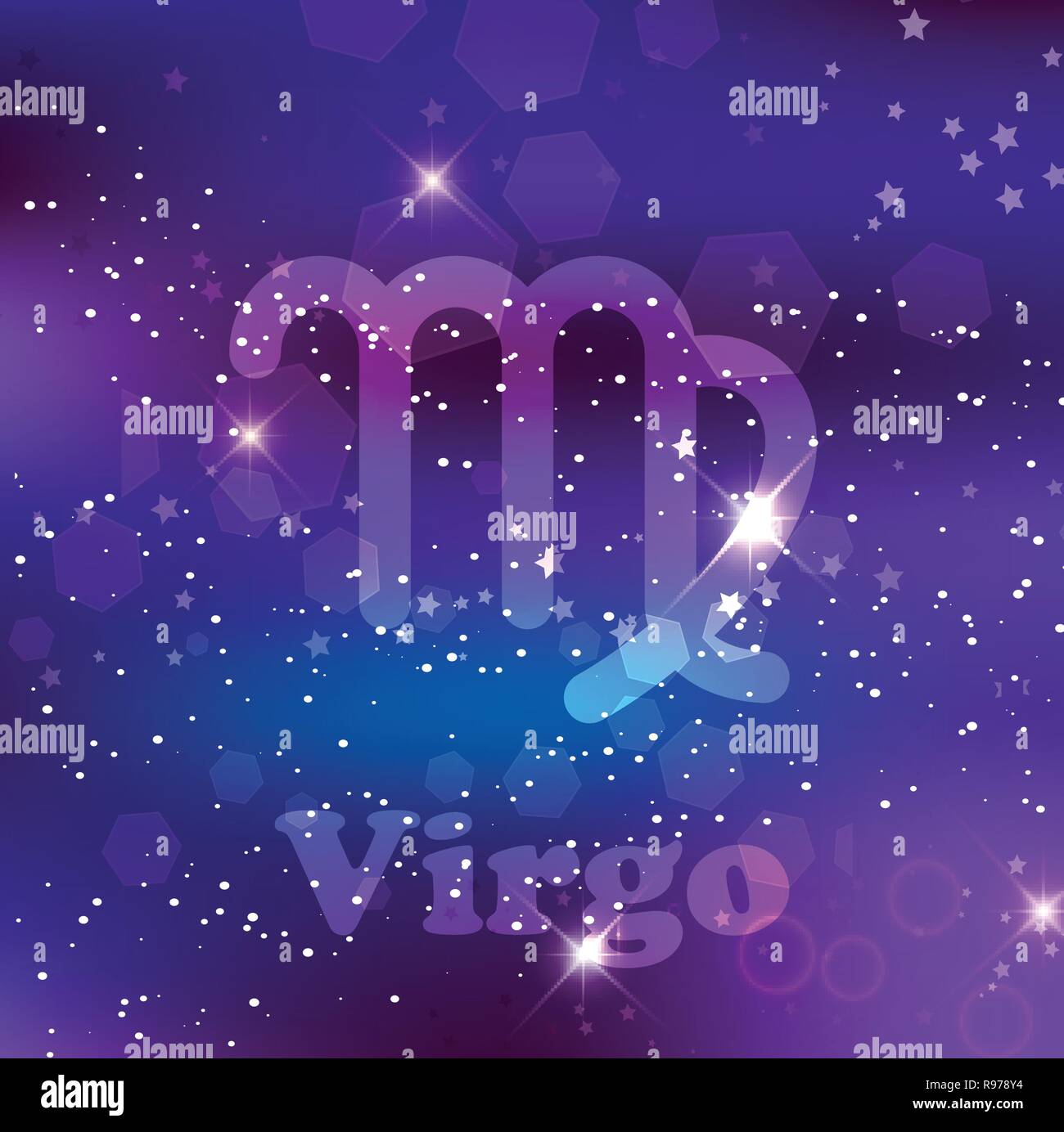 Virgo segno zodiacale e costellazione sul cosmica sfondo viola con stelle luccicanti e nebulosa. Illustrazione Vettoriale, banner, poster, card. Spazio, AST Illustrazione Vettoriale