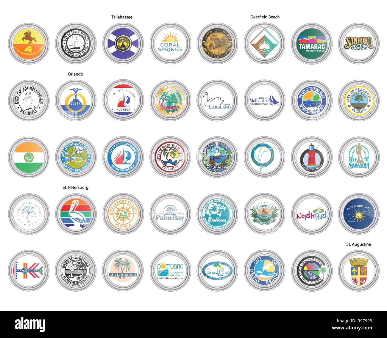 Set di icone vettoriali. Le bandiere e le guarnizioni di tenuta dello stato della Florida, Stati Uniti d'America. 3D'illustrazione. Illustrazione Vettoriale