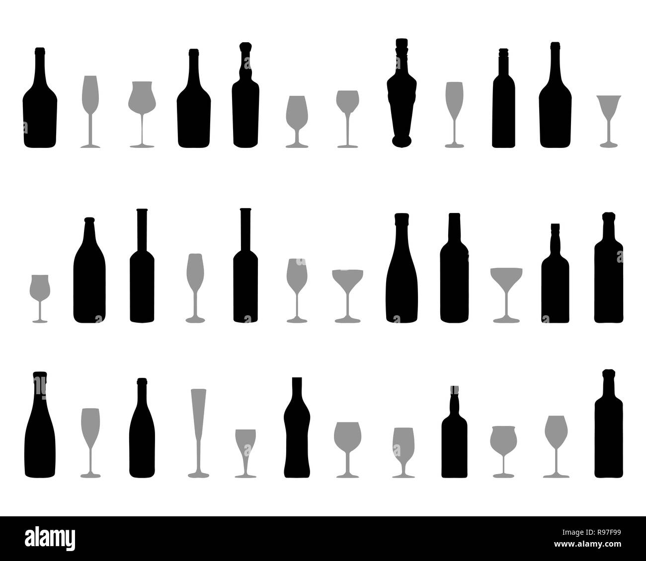 Silhouette nera di bicchieri e bottiglie di vino Foto Stock