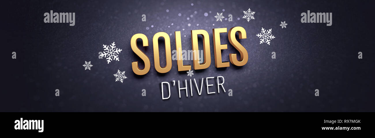 Oro Inverno vendita la scrittura in lingua francese, con forme di fiocchi di neve sul banner nero - 3D illustrazione Foto Stock