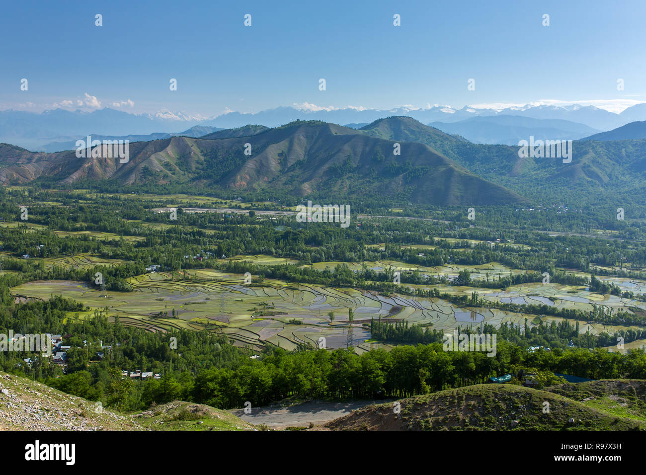 Lo splendido paesaggio della valle del Kashmir con campo di riso terrazze Foto Stock
