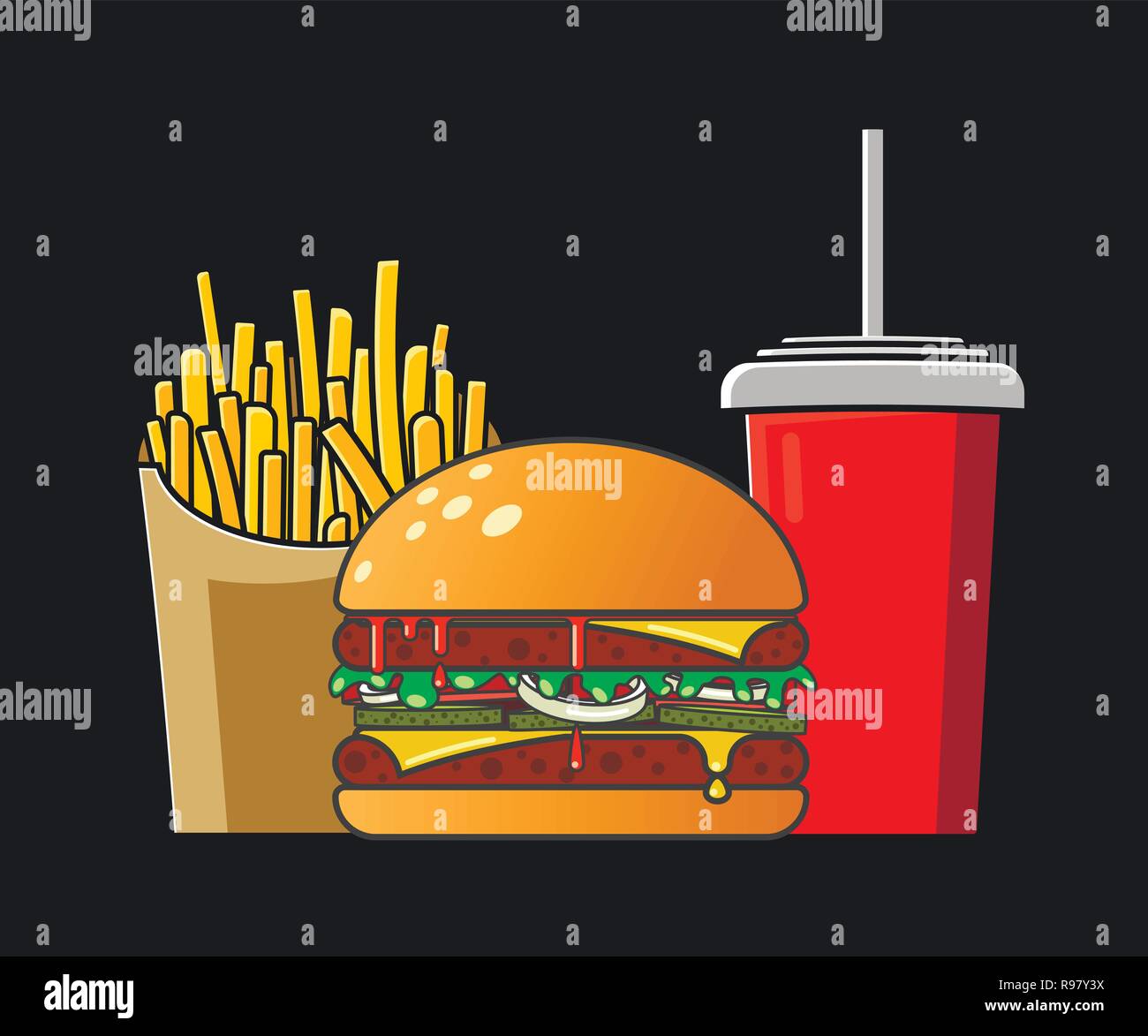 Il fast food icona. In stile appartamento. Colorata illustrazione vettoriale su uno sfondo scuro. Red cola bicchiere di carta con paglia, piccola scatola di patatine e hamburger di carne con formaggio, ketchup e cetrioli - Vettore Illustrazione Vettoriale