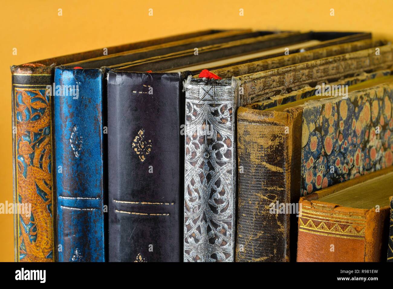 Il patrimonio culturale. Libri antichi su vecchi scaffali in legno. Libri antichi su sfondo giallo. Close up Foto Stock