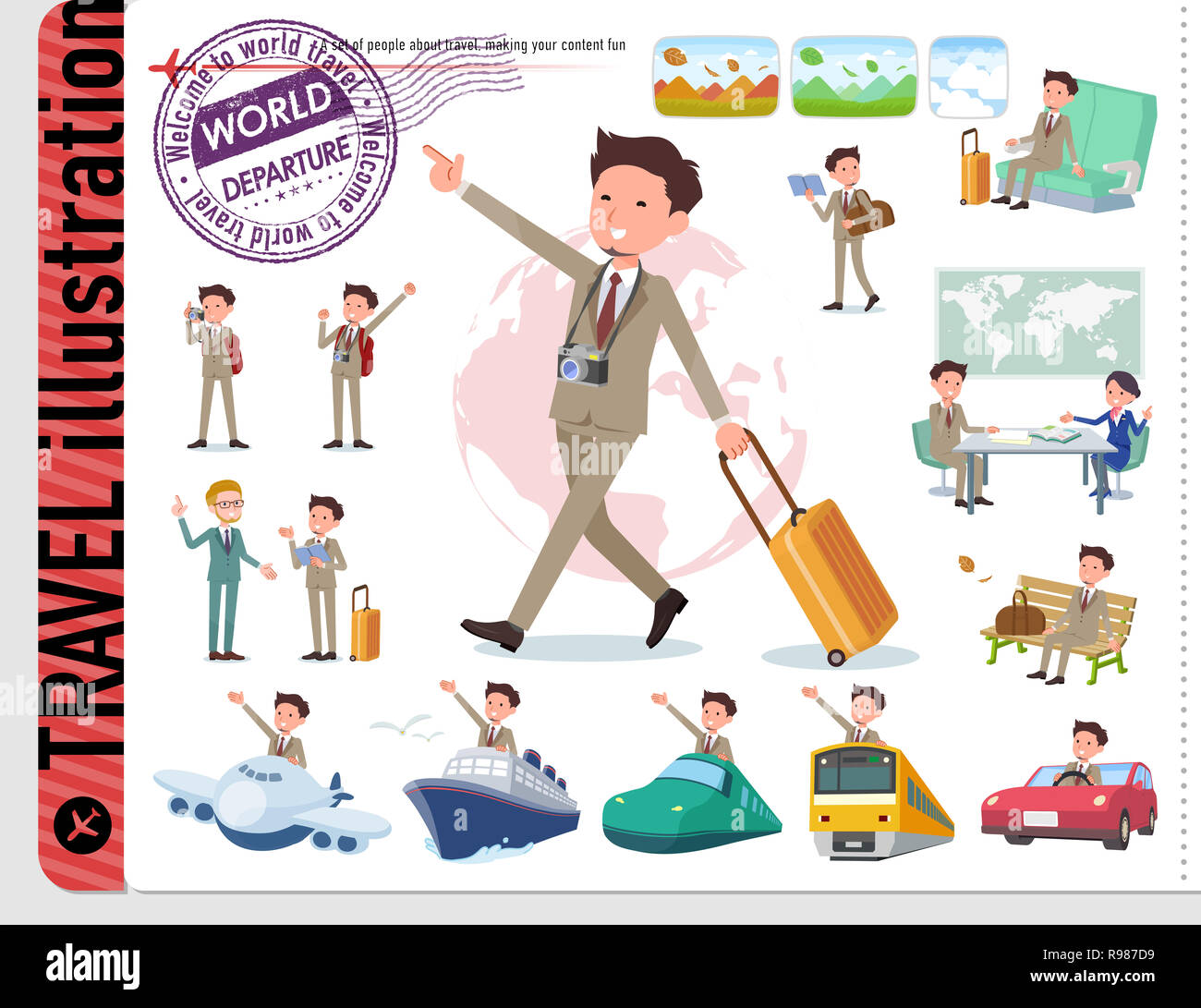 Un set di imprenditore su travel.Ci sono anche i veicoli come le navi e aerei.it vettore dell'arte così è facile da modificare. Foto Stock