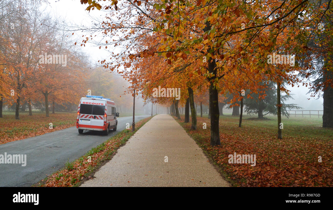 Ambulanza di emergenza su una strada di campagna con nebbia autunnale Foto Stock