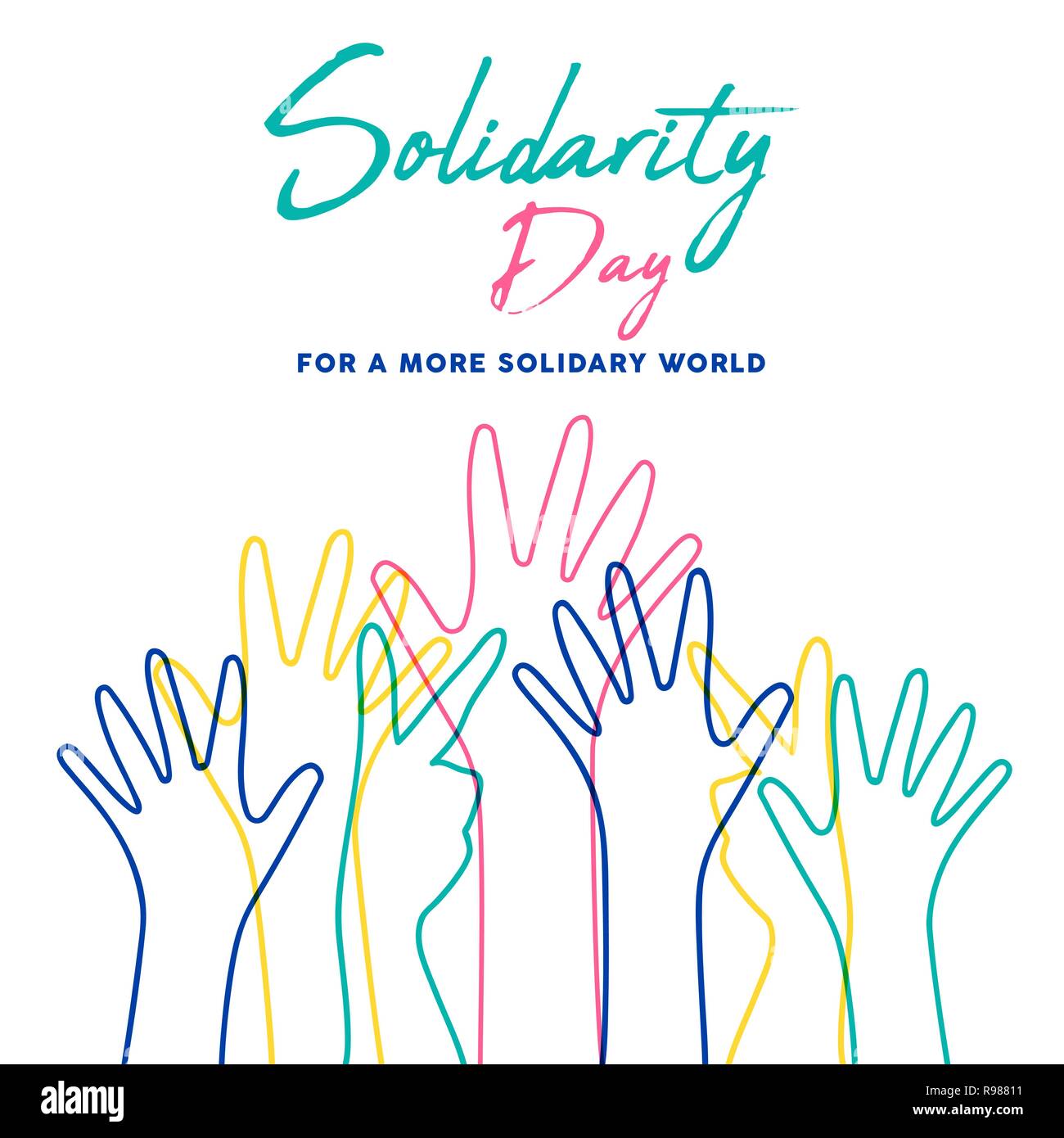 Giornata internazionale della solidarietà umana illustrazione con la coloratissima linea mani da culture diverse che si aiutano reciprocamente per comunità aiuto, assistenza sociale Illustrazione Vettoriale