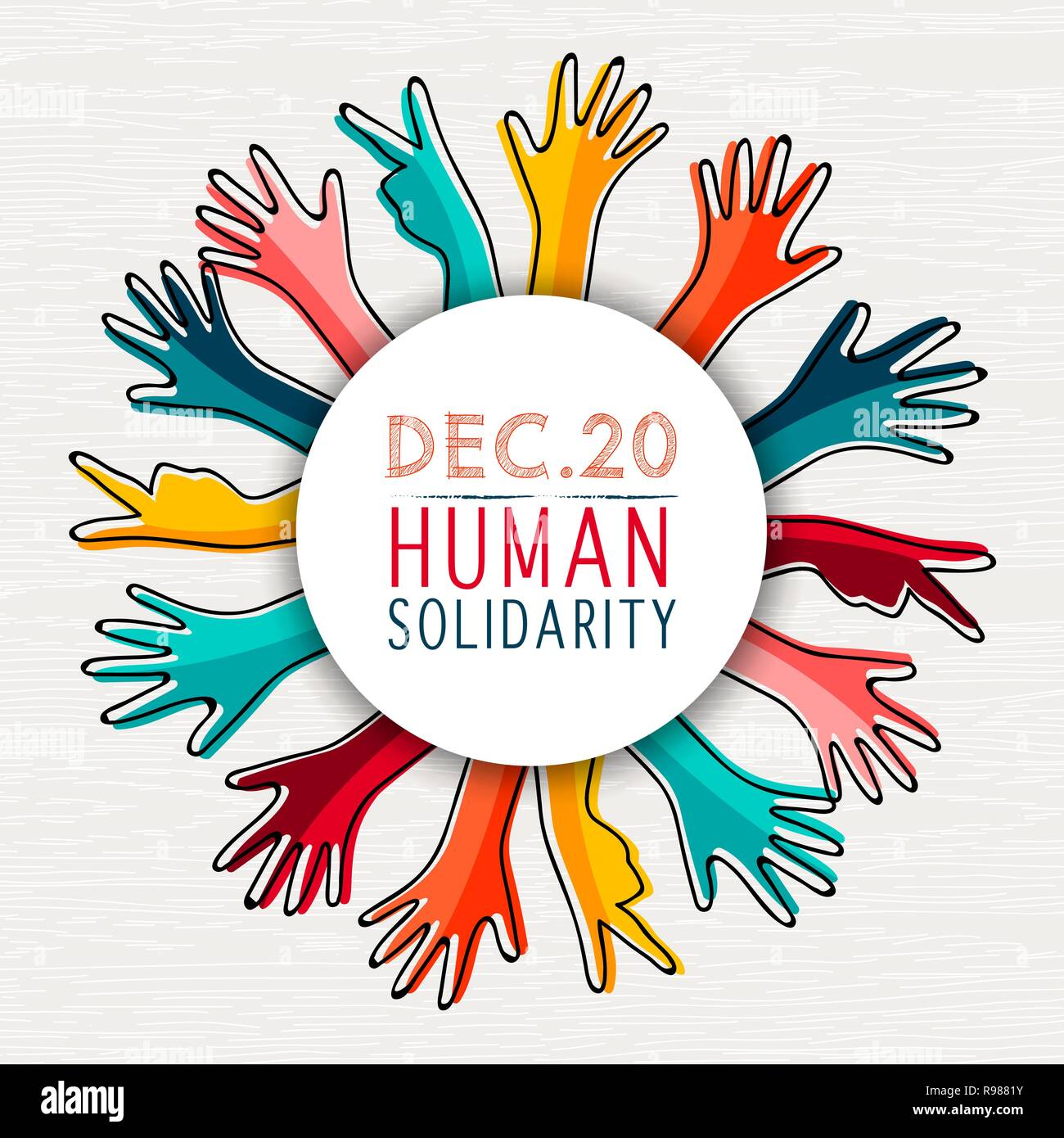 Giornata internazionale della solidarietà umana illustrazione con diversità mani colorate provenienti da culture diverse che si aiutano reciprocamente per comunità aiuto, sociale su Illustrazione Vettoriale