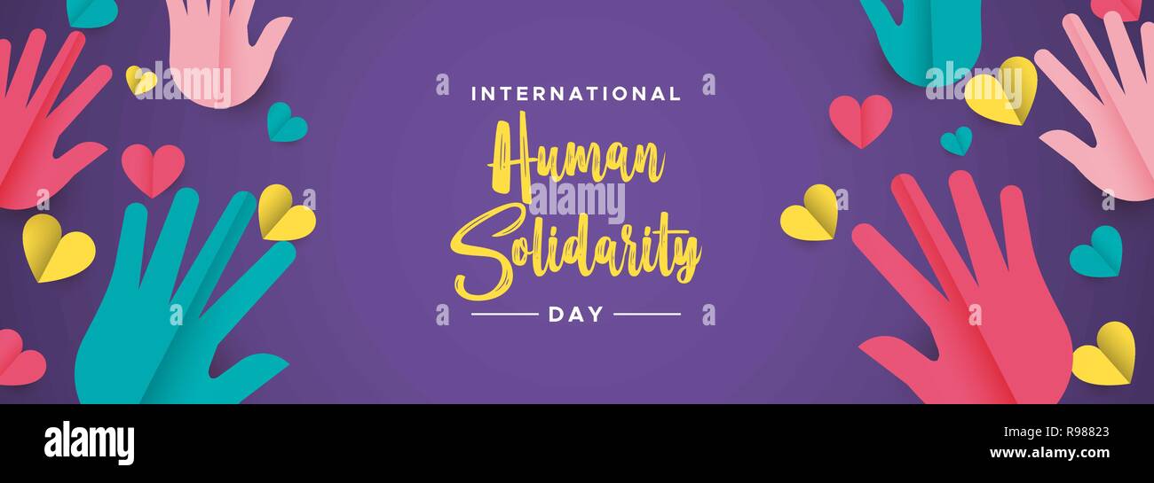 Giornata internazionale della solidarietà umana illustrazione web sociale banner colorati con le mani e i cuori di aiuto comunitario, concetto di supporto. Illustrazione Vettoriale