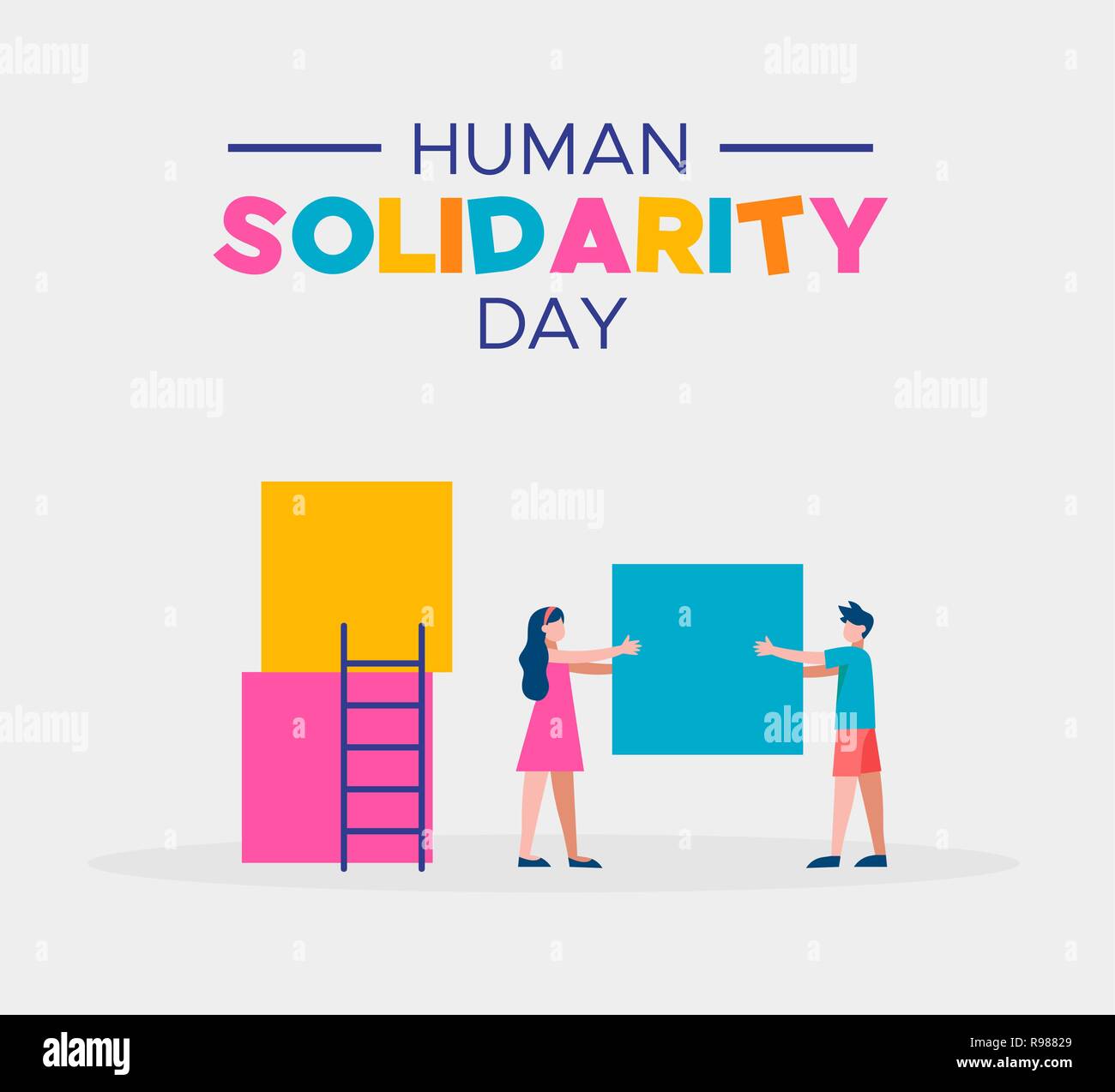 Giornata internazionale della solidarietà umana illustrazione dei bambini che si aiutano reciprocamente per comunità aiuto, sostegno sociale concetto. Illustrazione Vettoriale