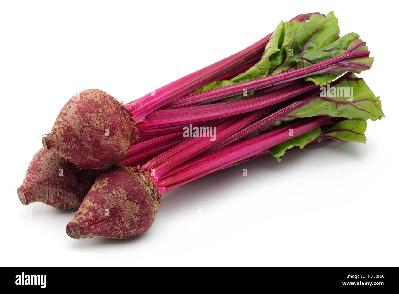 Fresco barbabietole rosse radici e foglie isolati su sfondo bianco Foto Stock