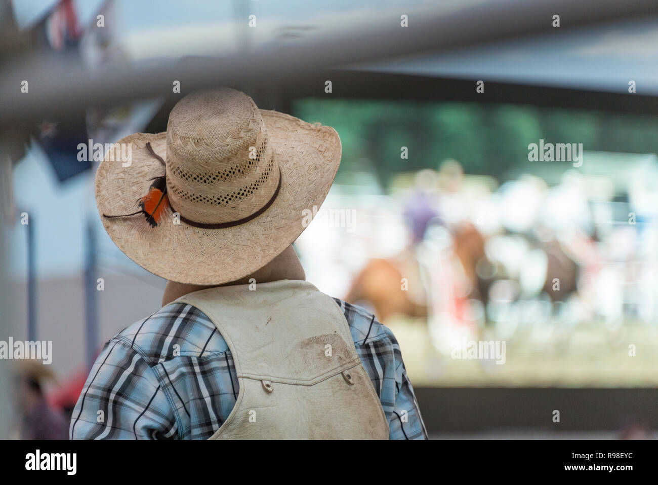 Un rodeo rider, nel suo cappello da cowboy e gli indumenti di protezione, guardando e aspettando il suo turno nel cancello rurale rodeo australiano Foto Stock