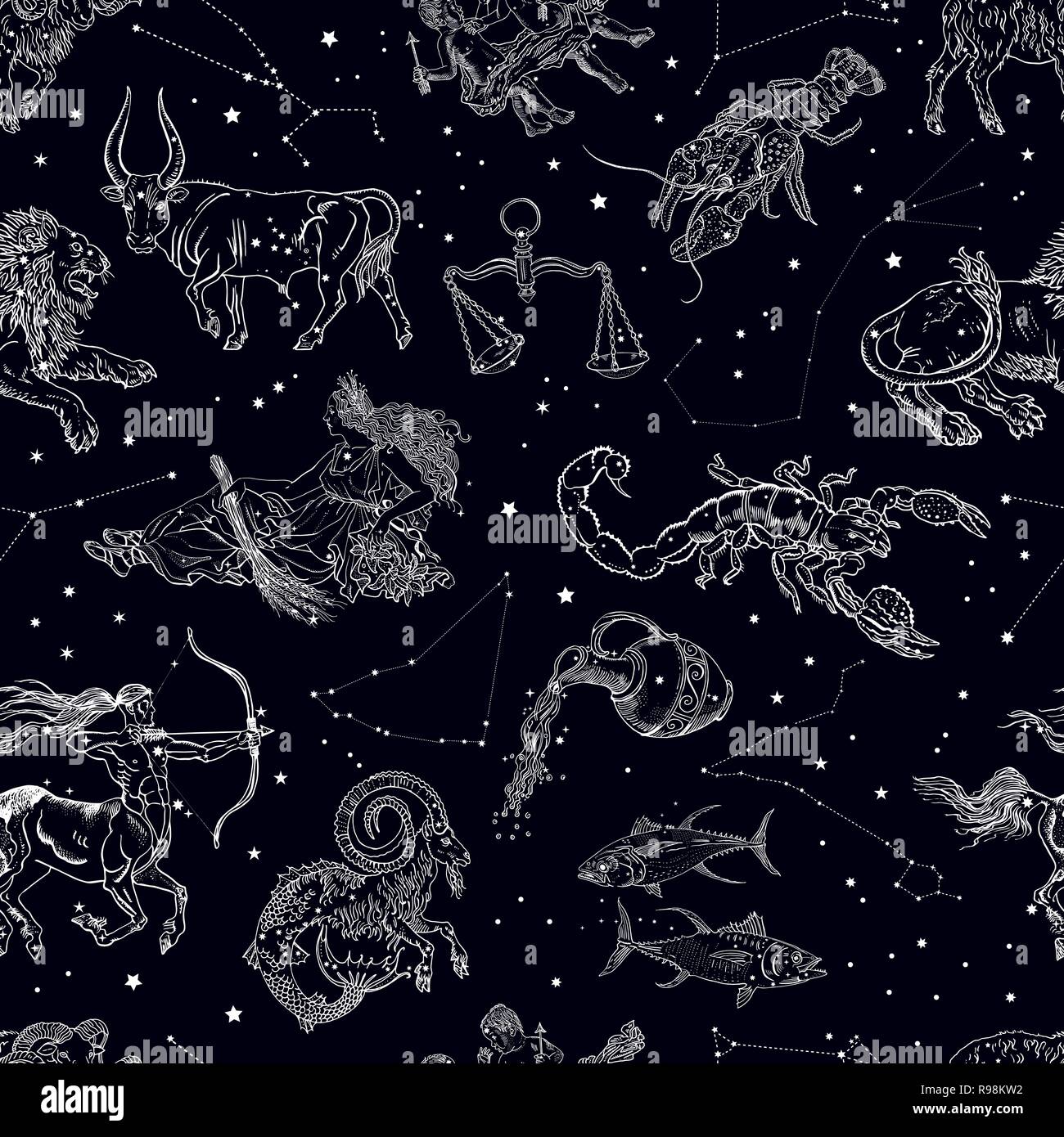 Segni zodiacali, costellazioni e stelle seamless pattern. Ariete, Toro, Gemelli, Cancro, Leone, Vergine, Bilancia, Scorpione, Sagittario, Capricorno, Acquario, Illustrazione Vettoriale