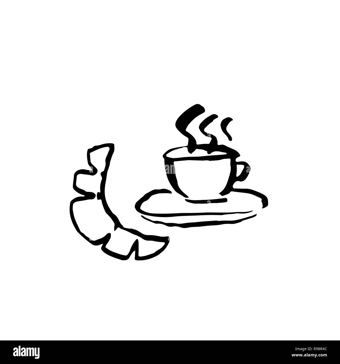 Caffè e Croissant icona grunge. Vettore inchiostro illustrazione della spazzola. Illustrazione Vettoriale