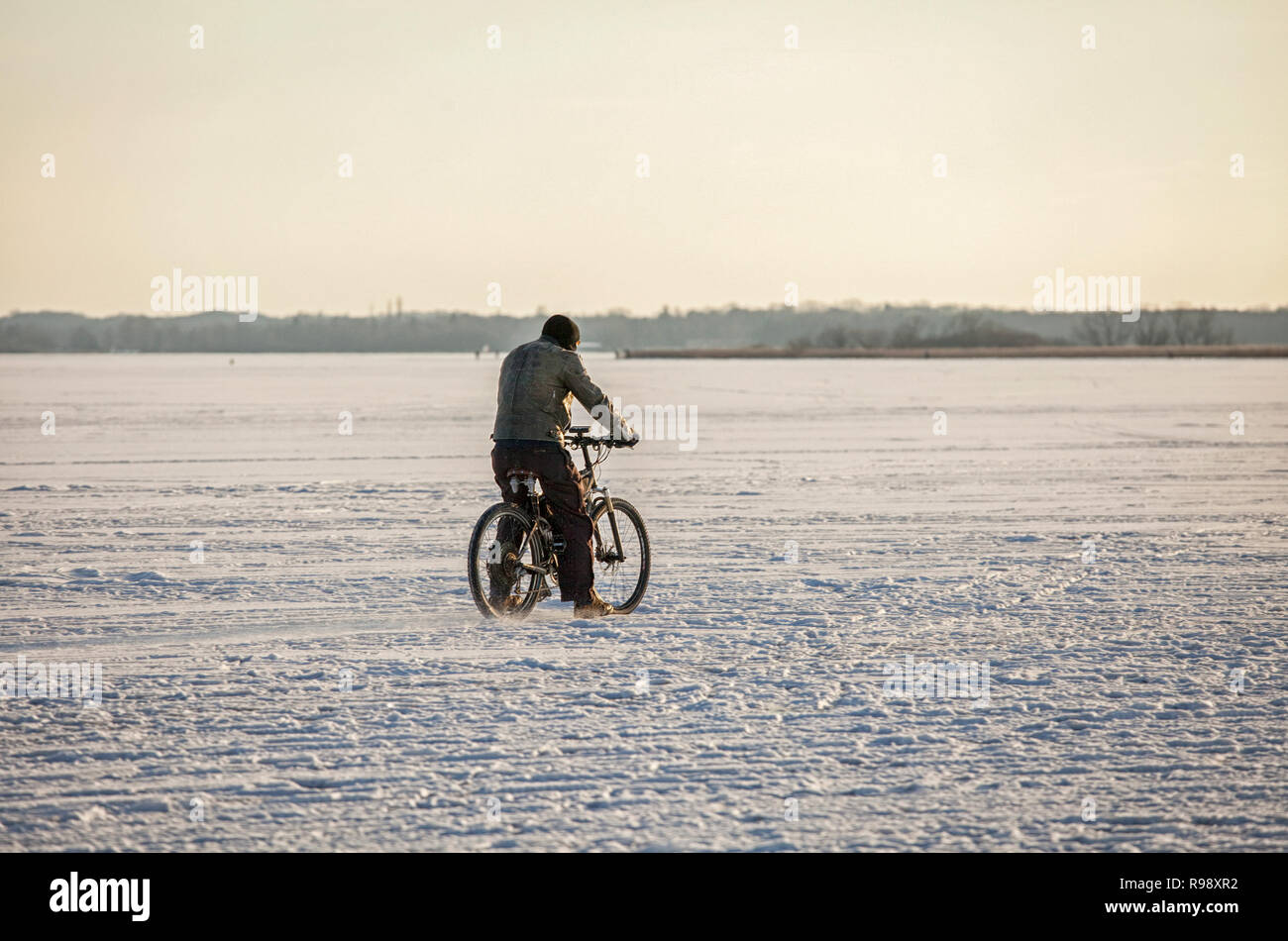 Paesi Bassi-Feb 9: Uomo mountain bike attraverso un lago ghiacciato su feb 9, 2012. Questo febbraio le temperature cadere nei Paesi Bassi per un eccezionalmente bassa Foto Stock