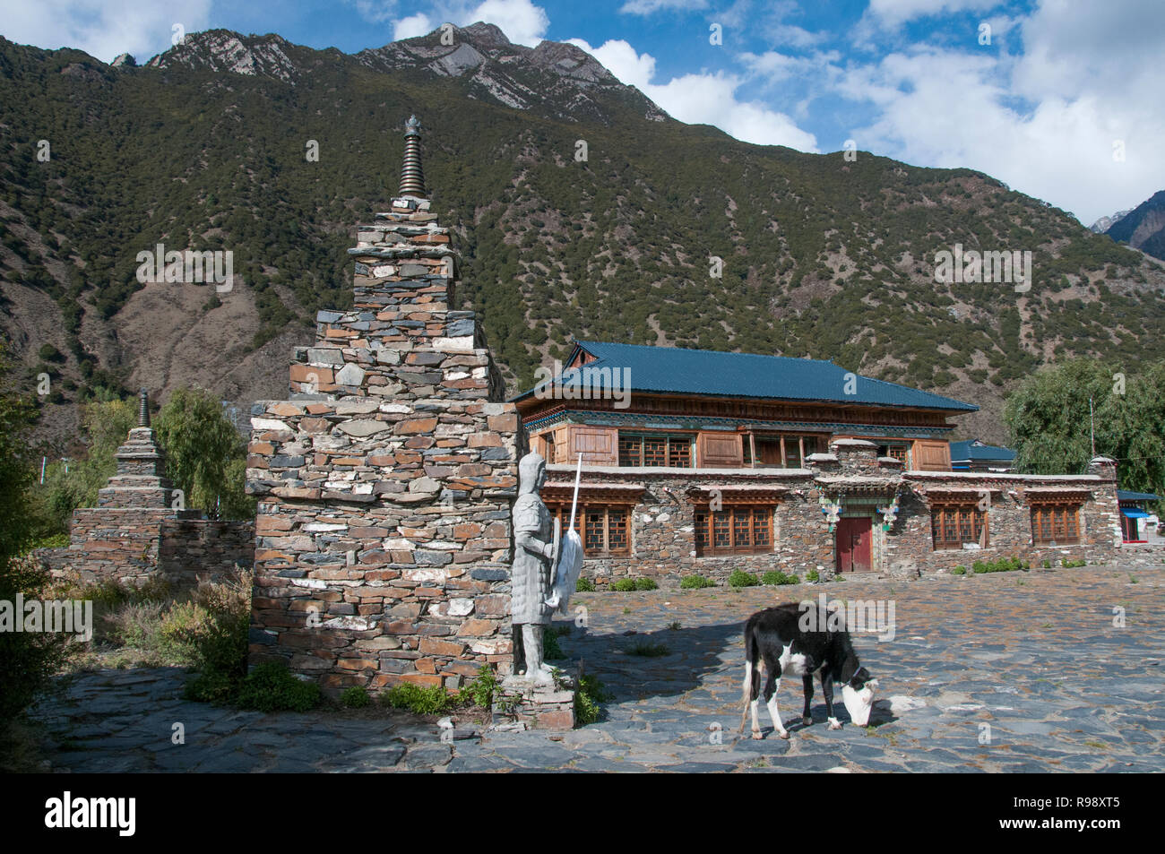 Villaggio homestead a Xiuba sulla Route 318, Tibet orientale, Cina Foto Stock