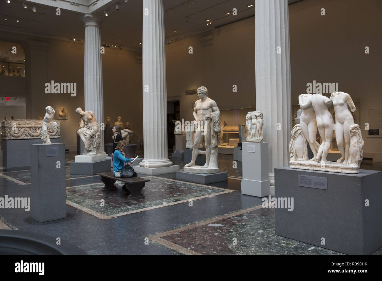 Leon Levy e Shelby White Corte fornisce centrotavola drammatica per la visualizzazione del Metropolita World-Renowned dell arte classica di raccolta. Arte Greca e Romana raccolta aperto ufficialmente nel 2007. Il torreggiante Hercules spicca nelle gallerie con le famose Tre Grazie a destra. Foto Stock