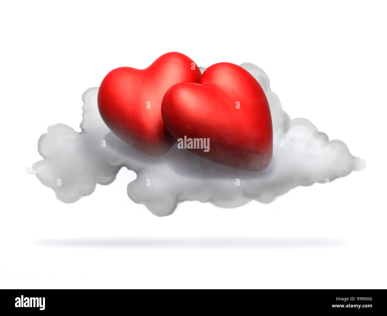 Due cartoon cuori rossi appoggiata sopra una nuvola, isolato su bianco 3d illustrazione Foto Stock