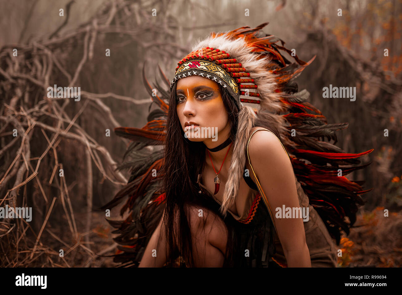 Nativi americani. Donna indiana in abito tradizionale Foto Stock