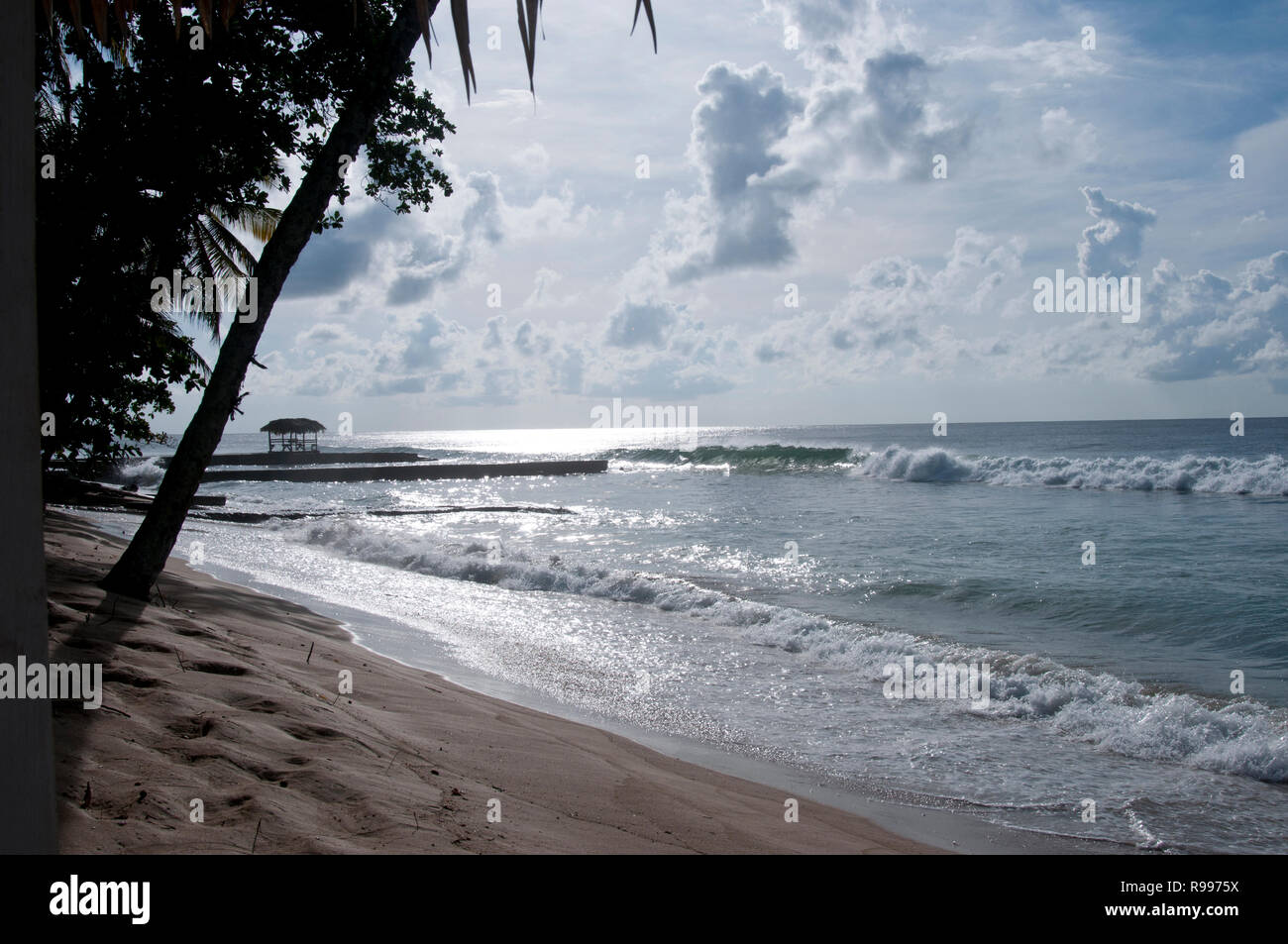 Vista mozzafiato della pittoresca onde del mare e il molo con un riparo per i turisti in attesa per imbarcazioni di dock per escursioni intorno all'isola di Tobago. Foto Stock