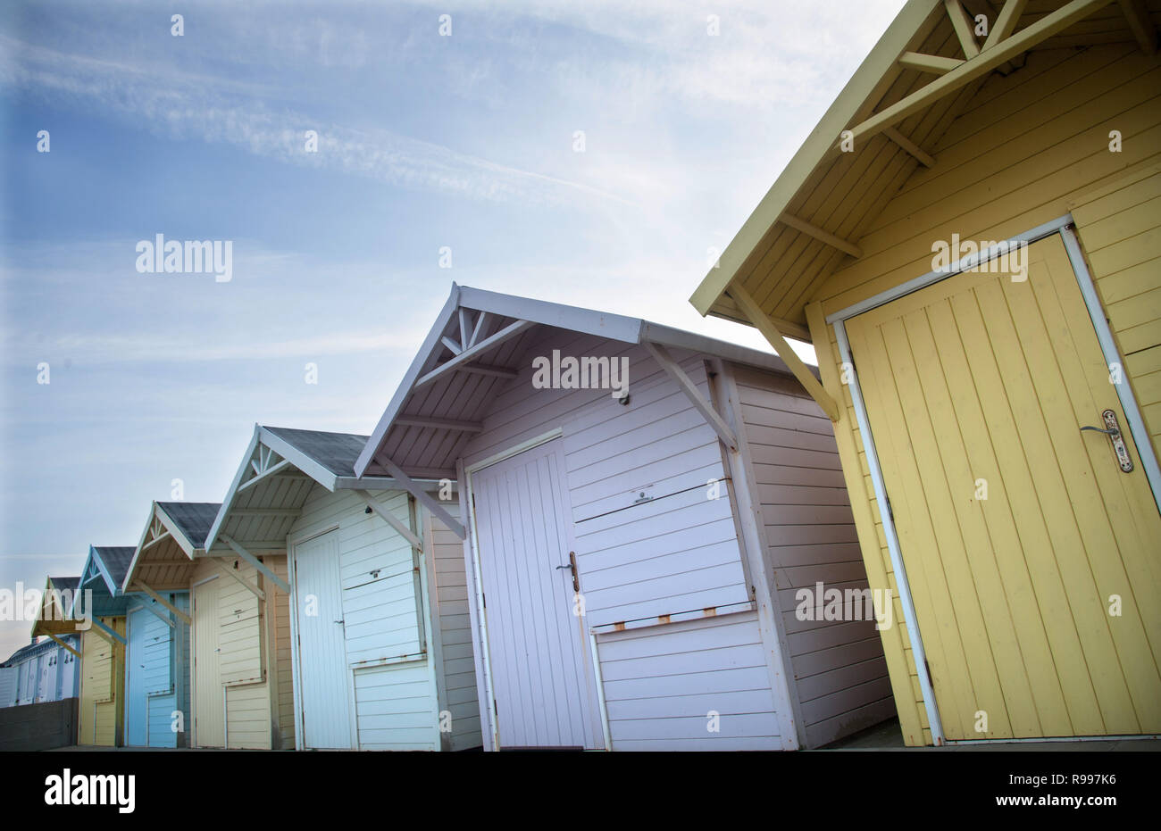 Spiaggia di pastello capanne fleetwood lancashire Foto Stock
