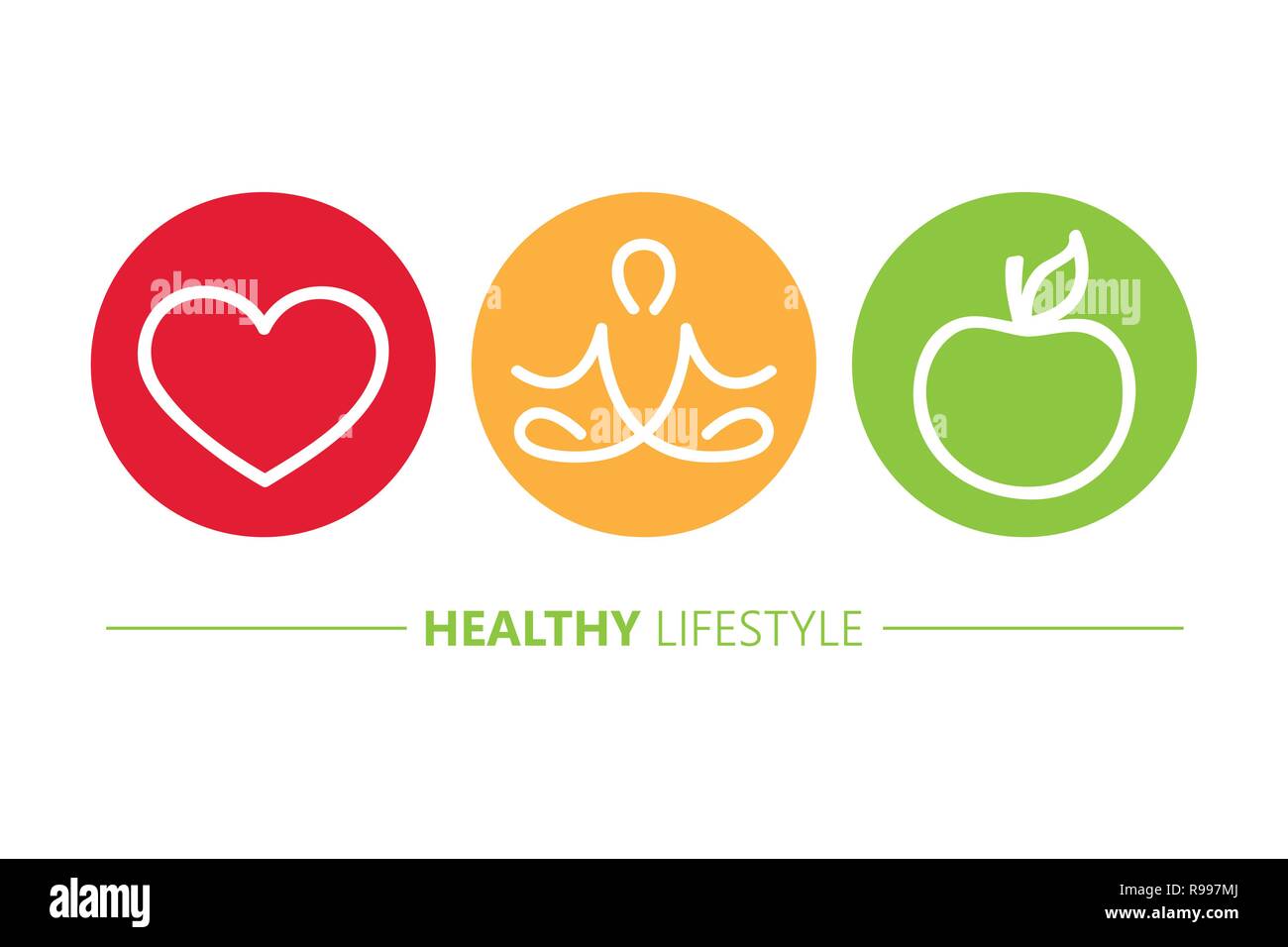 Uno stile di vita sano icone cuore yoga e apple illustrazione vettoriale EPS10 Illustrazione Vettoriale