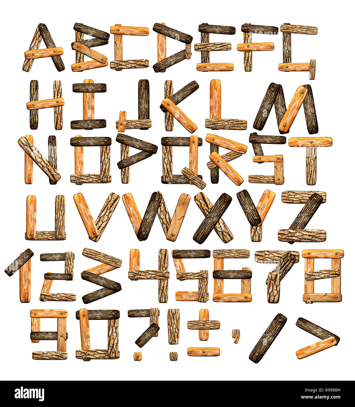 Alfabeto - lettere da tavole di legno e corteccia Foto Stock