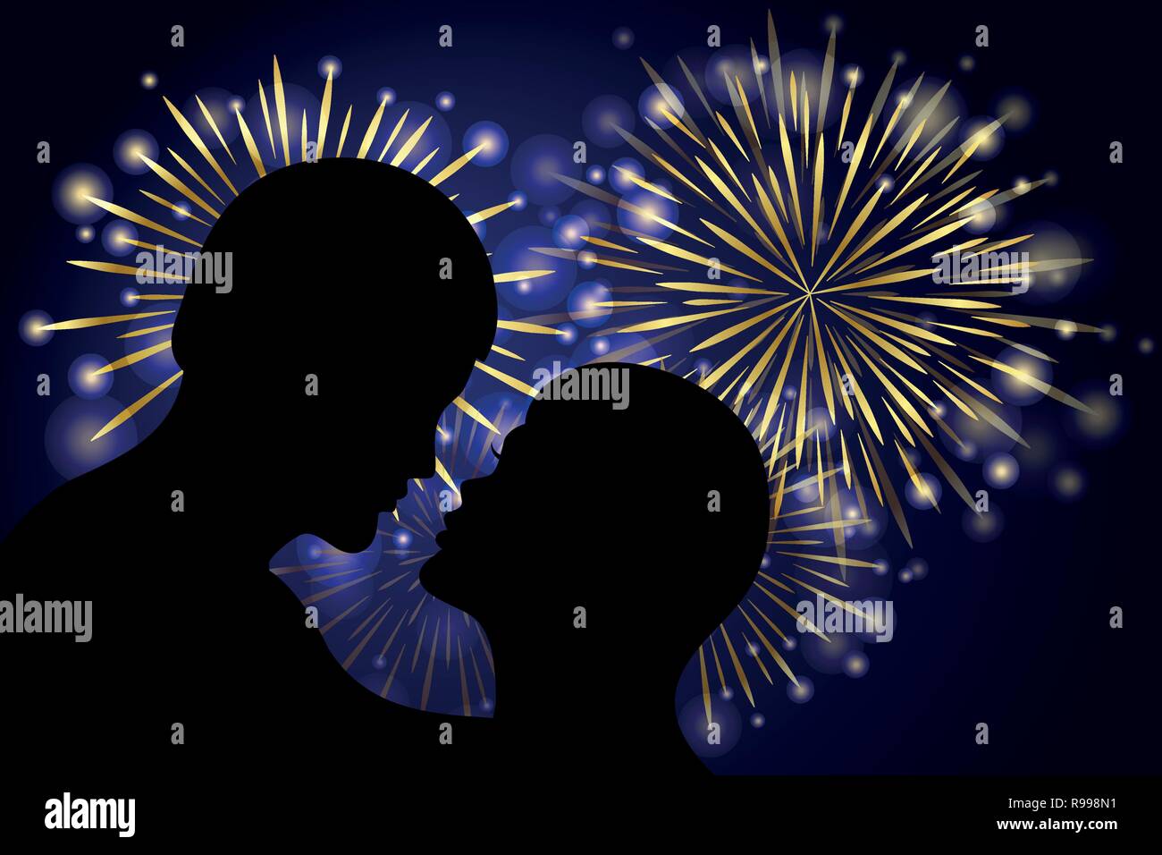 Bacio romantico e lucido dorato nuovo anno fuochi d'artificio di notte illustrazione vettoriale EPS10 Illustrazione Vettoriale