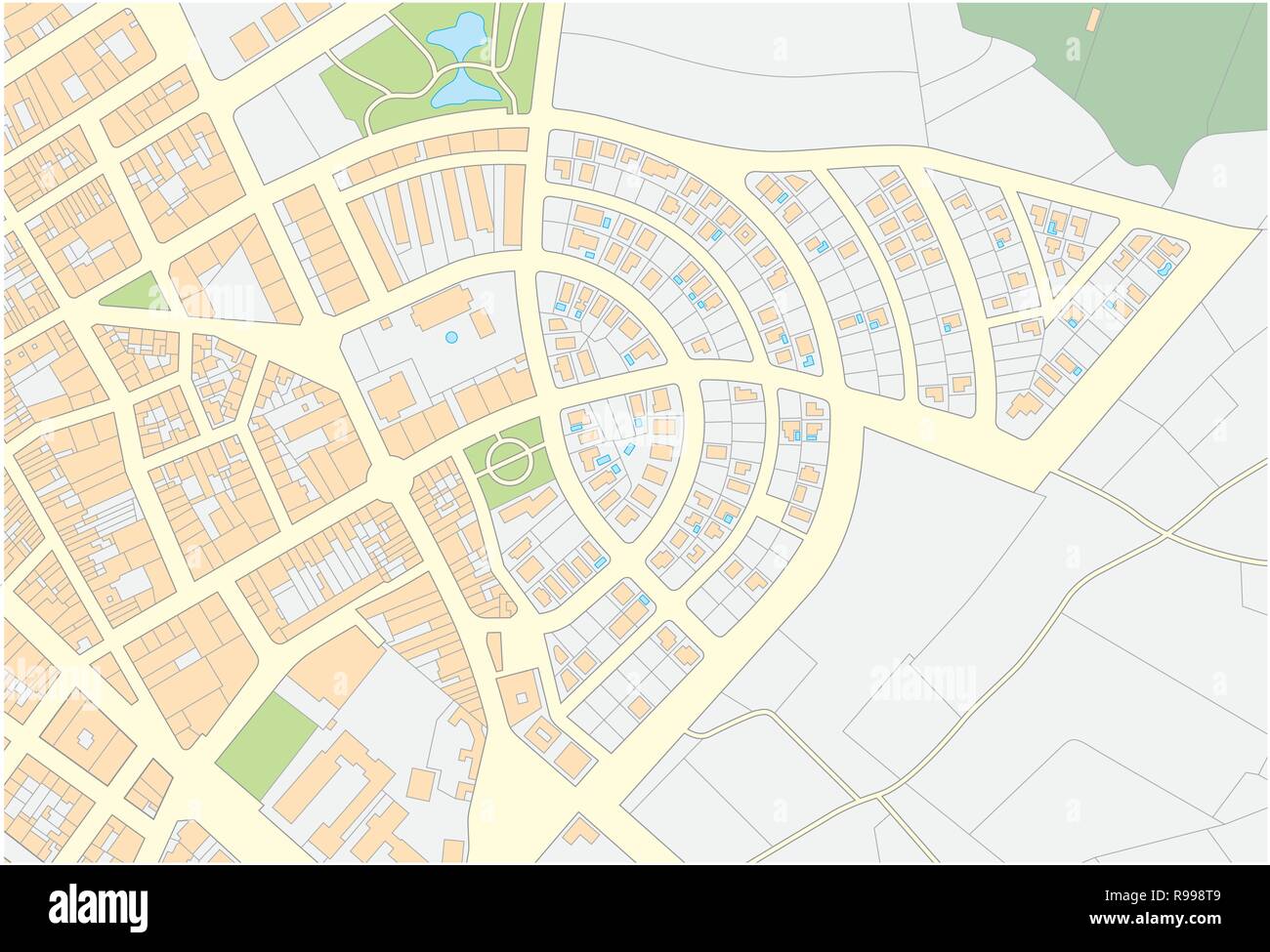 Fittizio di mappa catastale di un area con edifici e strade. Illustrazione Vettoriale