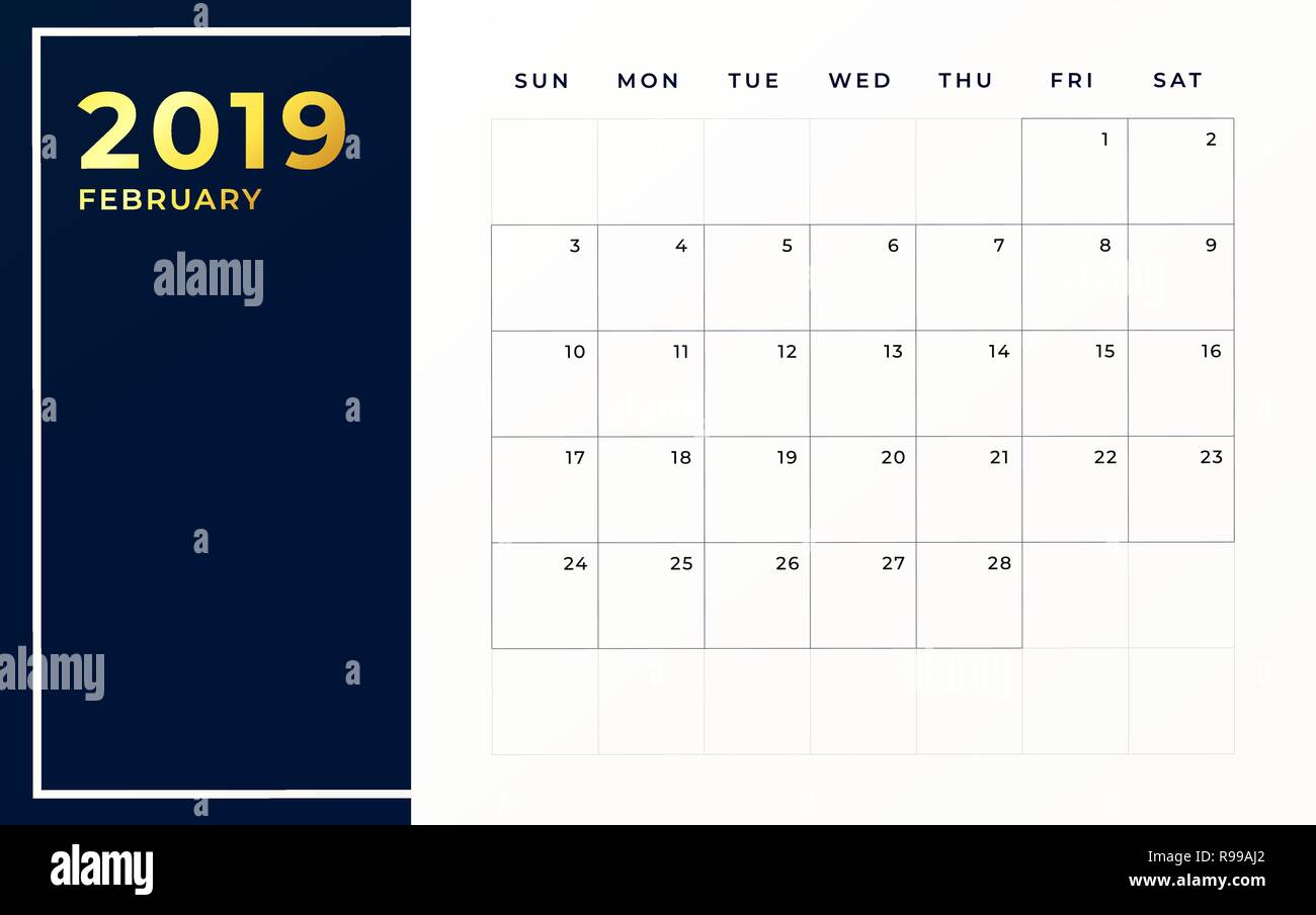 Febbraio 2019 modello di pianificazione. Settimana comincia domenica Svuota mese di calendario Illustrazione Vettoriale