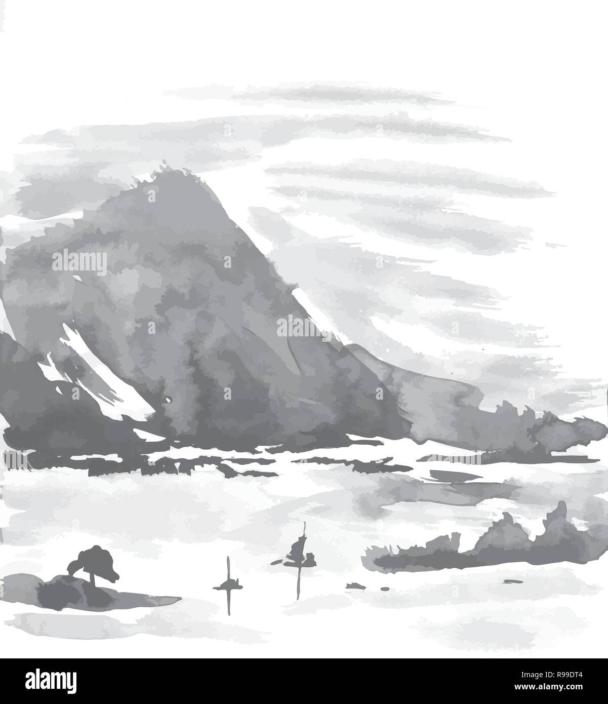 Bianco nero mascara illustrazione cinese di montagne e alberi. Illustrazione Vettoriale