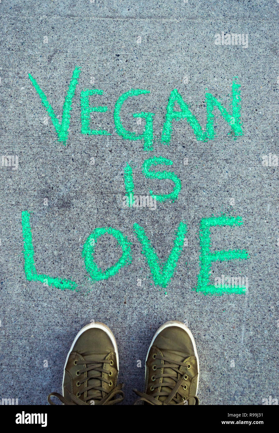 Parole di testo vegane è Amore in verde chalk scritte sul marciapiede di cemento con POV verde scarpe casual. Foto Stock