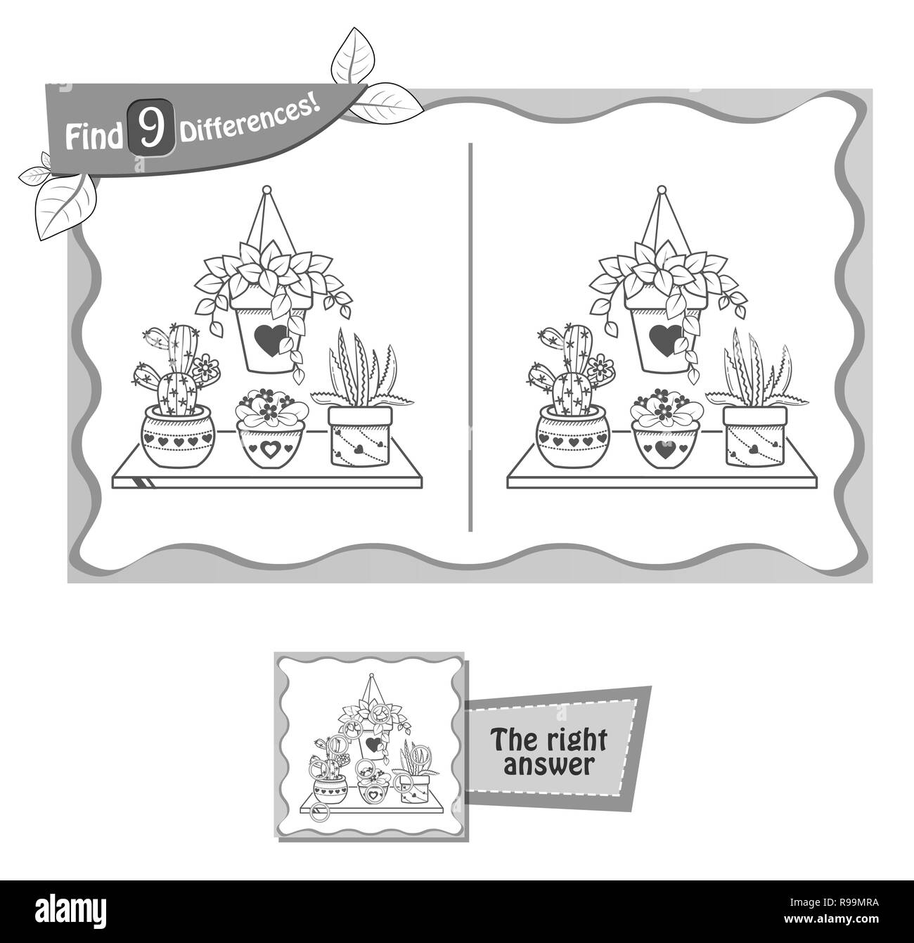 Visual gioco per bambini e adulti. Il compito di trovare 9 differenze nell'illustrazione sul bordo della scuola. in bianco e nero illustrazione vettoriale Illustrazione Vettoriale