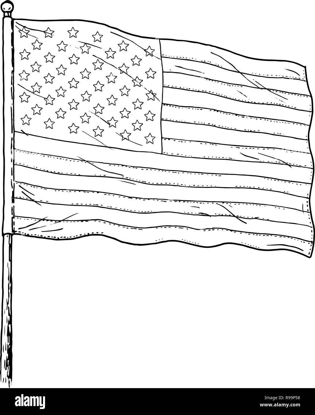 Uno schizzo - Illustrazione Di noi bandiera in vecchio stile di disegno della linea silhouette su sfondo bianco. Illustrazione Vettoriale