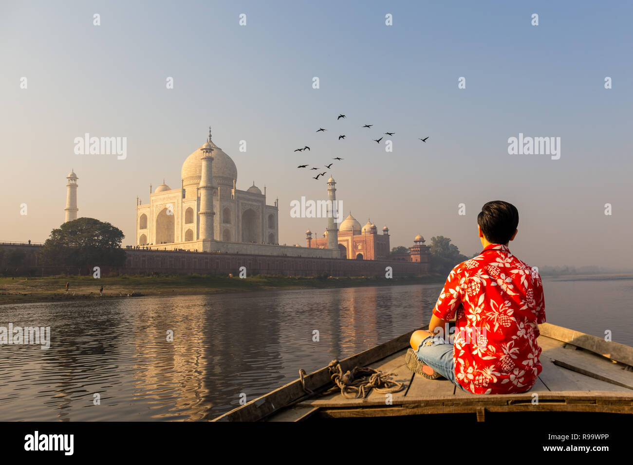 L'uomo a guardare il tramonto Taj Mahal da una imbarcazione in legno con uccello sorvolano. Foto Stock