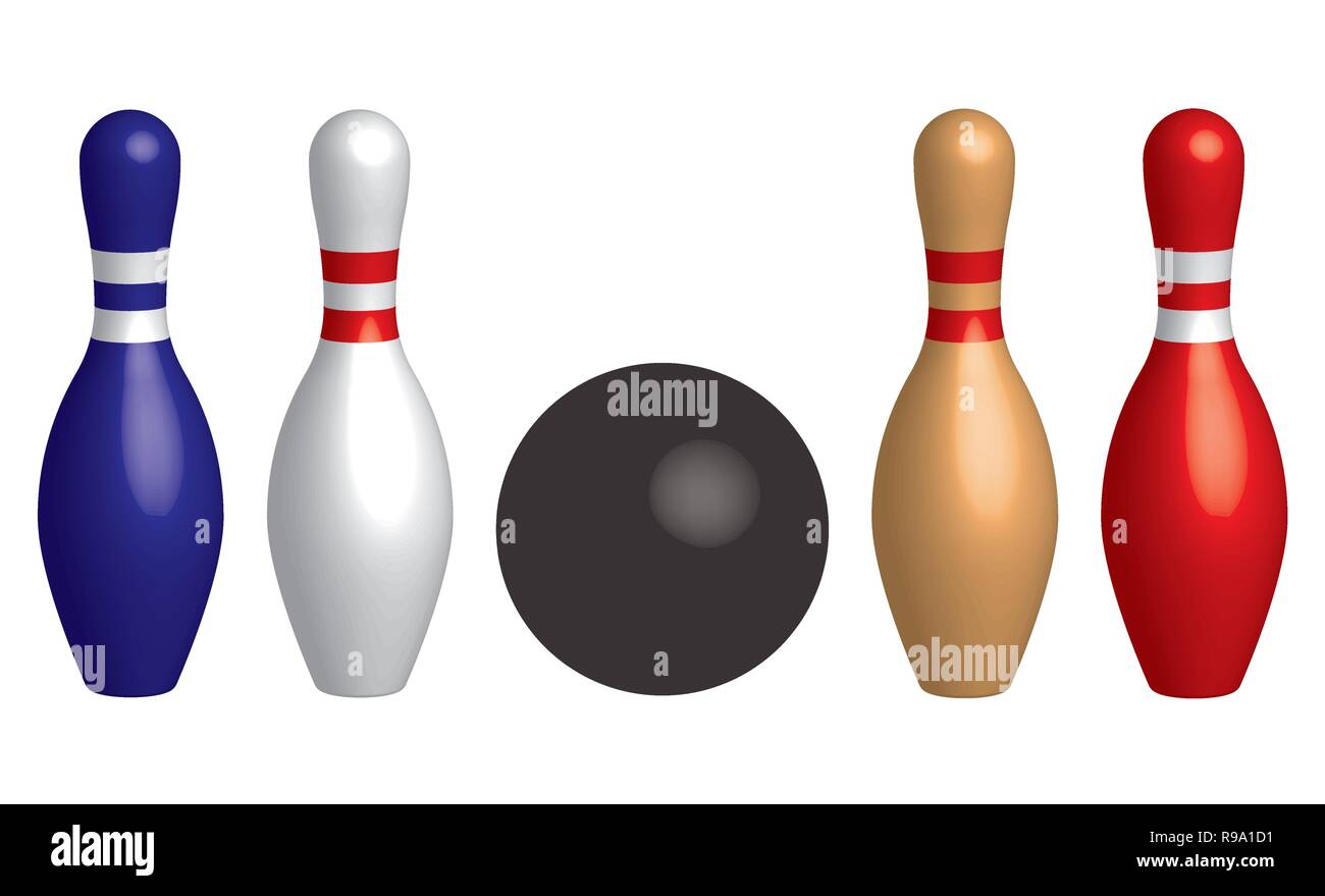 Palla da bowling e colorati a bowling pin. 3D effetto vettore Illustrazione Vettoriale