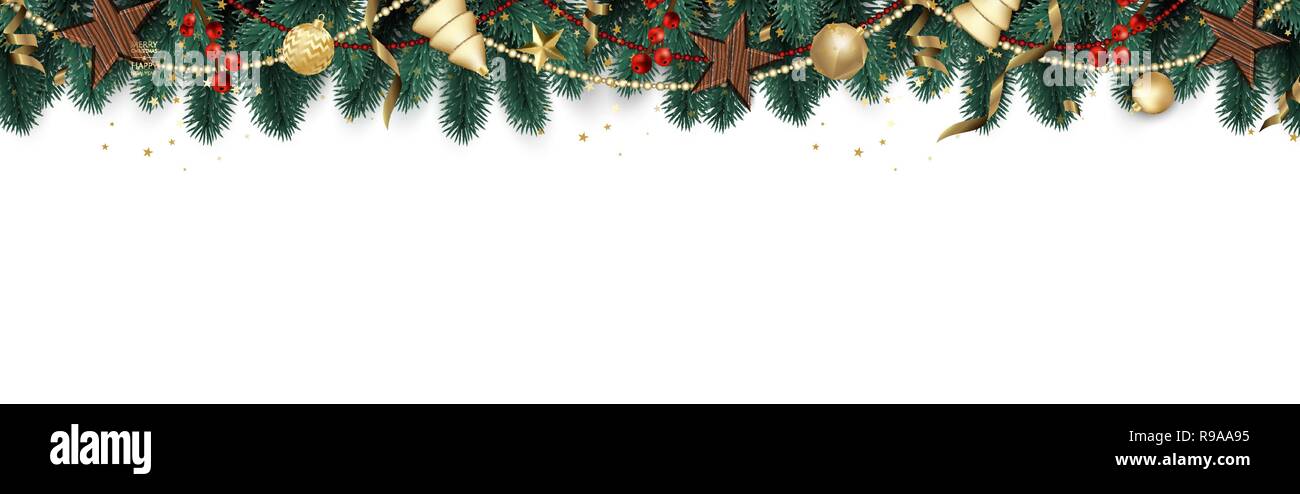 Buon Natale e Felice Anno Nuovo. Sfondo di natale con oro lucente di fiocchi di neve. Biglietto di auguri, vacanze banner, poster web Illustrazione Vettoriale