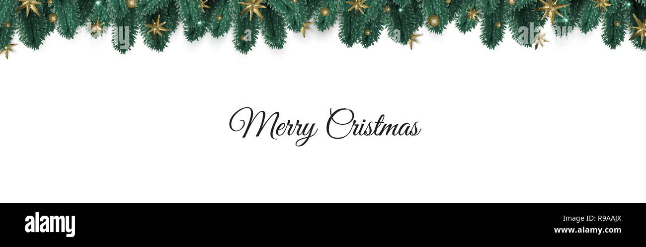 Buon Natale e Felice Anno Nuovo. Sfondo di natale con oro lucente di fiocchi di neve. Biglietto di auguri, vacanze banner, poster web Illustrazione Vettoriale