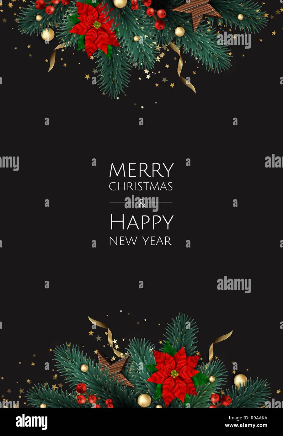 Buon Natale e Felice Anno Nuovo. Sfondo di natale con oro lucente di fiocchi di neve. Biglietto di auguri, vacanze banner, poster web Illustrazione Vettoriale