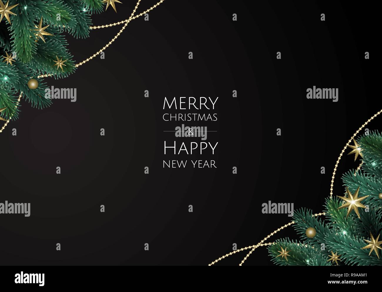 Buon Natale e Felice Anno Nuovo. Sfondo di natale con oro lucente di fiocchi di neve. Biglietto di auguri, vacanze banner, poster web Illustrazione Vettoriale