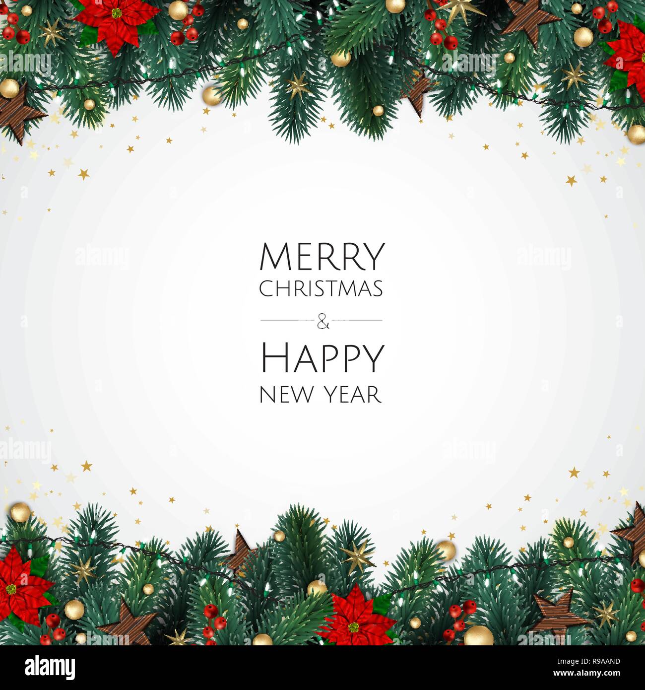 Buon Natale e Felice Anno Nuovo. Sfondo di natale con oro lucente di fiocchi di neve. Biglietto di auguri, vacanze banner, poster web Illustrazione Vettoriale