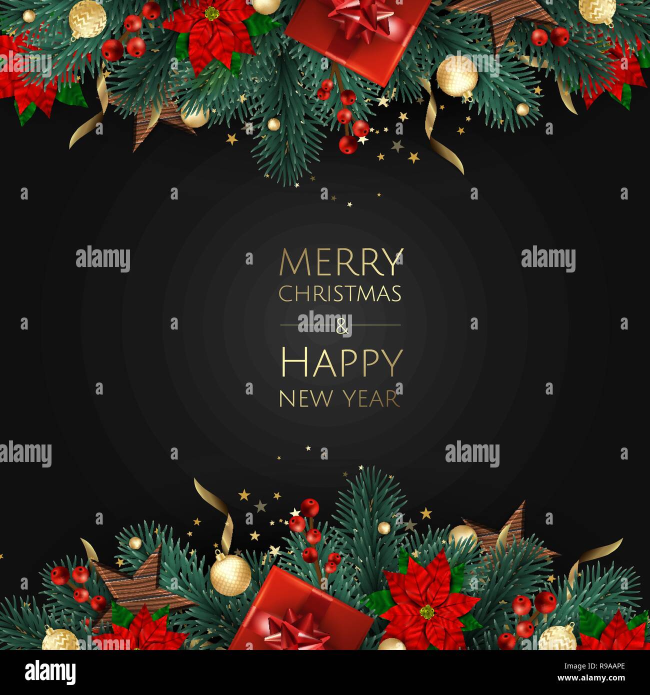 Buon Natale e Felice Anno Nuovo. Sfondo di natale con oro lucente di fiocchi di neve. Biglietto di auguri, vacanze banner, poster web Illustrazione Vettoriale