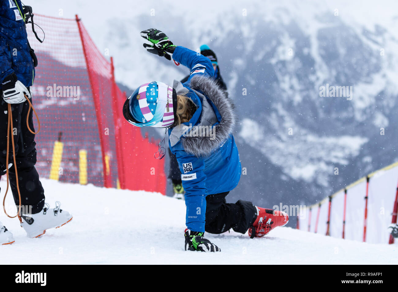 Courchevel, Rhone Alpes, Francia, 21 dicembre 2018, Mikaela Shiffrin di USA vince Courchevel Ladies Slalom Gigante Audi FIS Coppa del Mondo di Sci Alpino 2019 Foto Stock