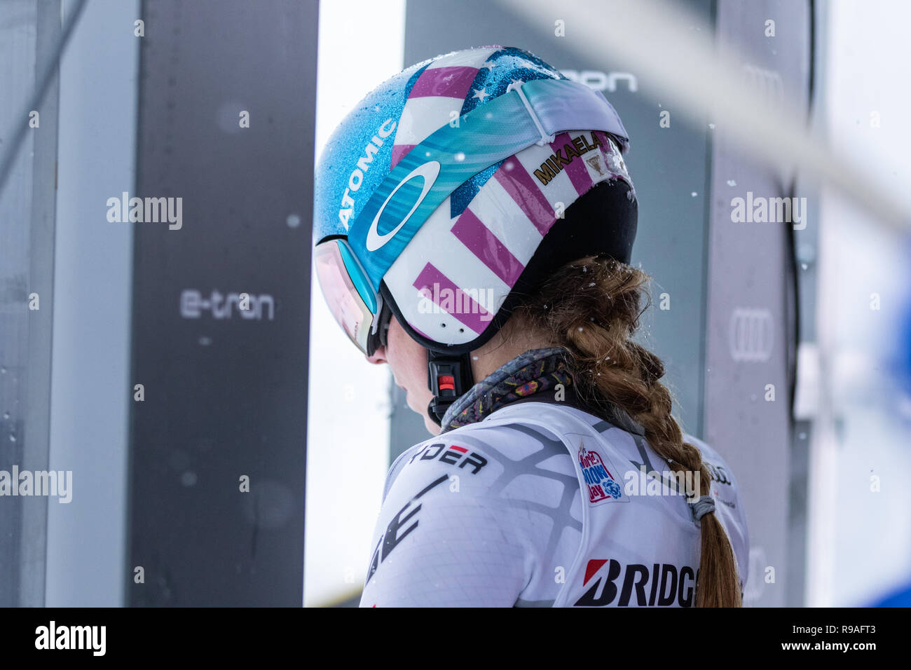 Courchevel, Rhone Alpes, Francia, 21 dicembre 2018, Mikaela Shiffrin di USA vince Courchevel Ladies Slalom Gigante Audi FIS Coppa del Mondo di Sci Alpino 2019 Foto Stock