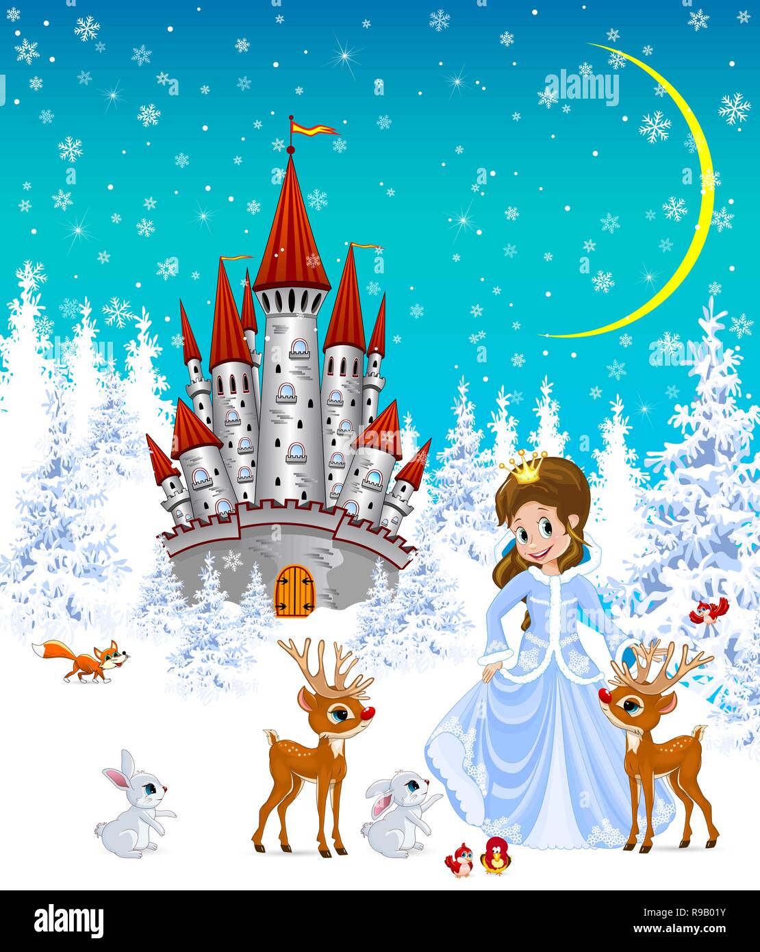 La principessa sullo sfondo del grigio di un castello e la foresta d'inverno. La Principessa è in piedi accanto a cervi, conigli e uccelli. Paesaggio invernale. Illustrazione Vettoriale